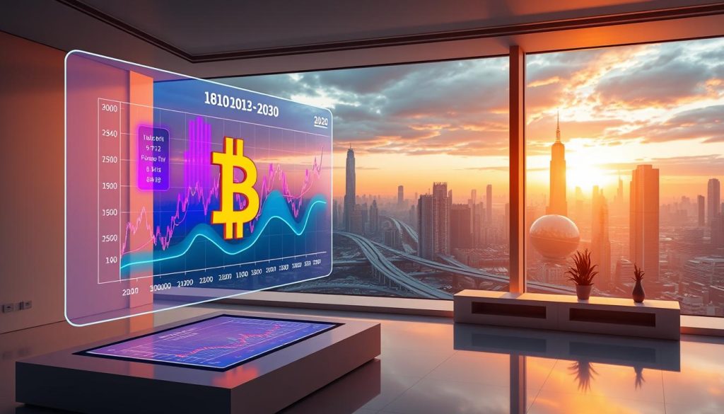 A detailed, realistic visualization of a long-term Bitcoin price forecast for the year 2030. The foreground depicts a large, sleek holographic display showcasing a dynamic Bitcoin price chart, with vibrant colors and fluid animations conveying the volatility and potential of the cryptocurrency. The middle ground features a modern, minimalist office setting with clean lines and a panoramic window overlooking a futuristic cityscape. The background is dominated by a striking, high-tech skyline with towering skyscrapers and advanced transportation systems, bathed in warm, futuristic lighting that sets a contemplative, forward-looking mood. The overall scene combines cutting-edge technology, financial analysis, and a vision of the prosperous, interconnected world of the future.