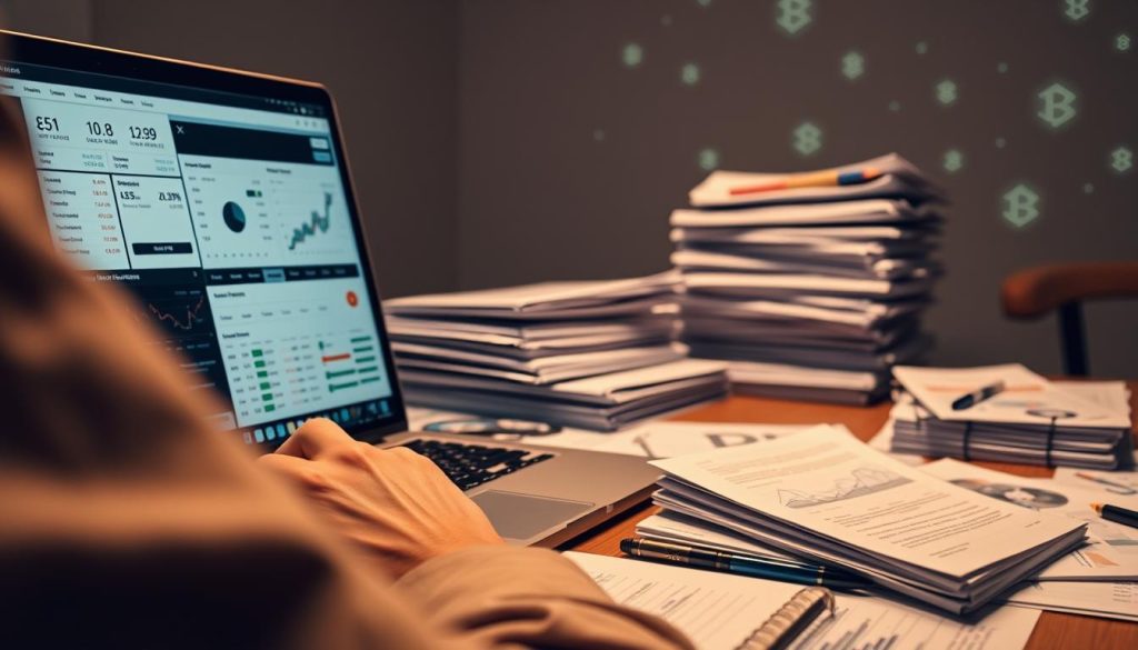 A detailed scene of cryptocurrency investment preparation. In the foreground, a person's hands carefully examining various digital wallet interfaces and trading platforms on a laptop screen, conveying concentration and analysis. The middle ground features stacks of financial documents, charts, and analytical tools, hinting at the research and planning involved. The background has a soft, futuristic ambiance with subtle glowing blockchain symbols and abstract digital patterns, evoking the technological nature of the crypto market. Warm, muted lighting creates a thoughtful, contemplative mood, while a shallow depth of field keeps the focus on the central investment preparation activities. Shot with a professional-grade camera lens to capture fine details.