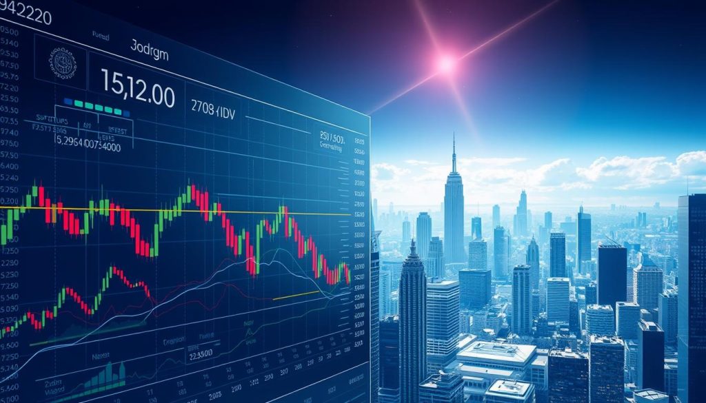 A detailed technical analysis of the cryptocurrency market trends, showcased in a digital illustration. The foreground features a comprehensive chart with various indicators and data visualizations, depicting the intricate patterns and dynamics of the crypto market. The middle ground showcases a sleek, futuristic data dashboard with interactive analytics, while the background presents a cityscape of skyscrapers and financial hubs, symbolizing the global impact of the crypto ecosystem. The lighting is sharp and precise, creating a sense of clarity and professionalism, captured through a wide-angle lens to convey the grand scale of the subject matter. The overall mood is one of serious, data-driven analysis, reflecting the technical nature of the topic.