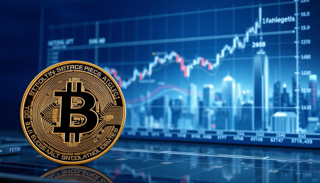 A detailed technical illustration of Bitcoin supply on the market. In the foreground, a meticulously rendered 3D model of a Bitcoin token, its surface glimmering with intricate textures. The middle ground depicts a complex financial chart, displaying the current Bitcoin supply and its distribution across different market participants. The background features a sleek, futuristic cityscape, hinting at the global scale and technological sophistication of the cryptocurrency ecosystem. The scene is bathed in a cool, blue-tinted lighting, creating a sense of precision and authority. The overall composition conveys a sense of analytical depth and visual sophistication suitable for a financial analysis article.