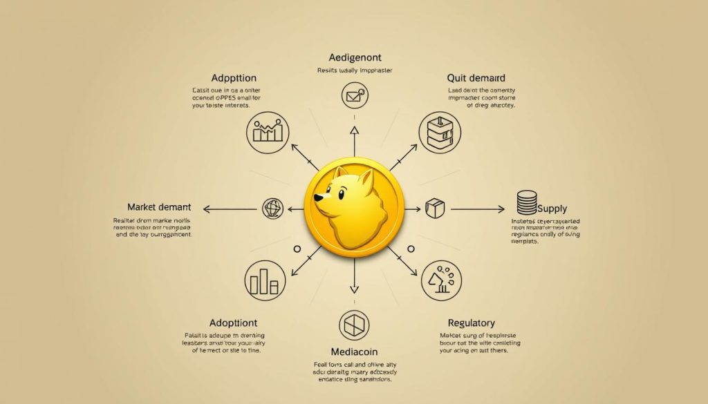 A detailed, technical illustration of the key factors influencing the price of Dogecoin. Set against a neutral, light background, the image should feature a central arrangement of iconic symbols and graphical elements representing the most significant drivers of the cryptocurrency's valuation, such as market demand, supply, adoption, media hype, and regulatory landscape. The composition should convey a sense of balance and interconnectedness, with clean lines, muted colors, and a professional, infographic-style aesthetic. Crisp focus, directional lighting, and a shallow depth of field to emphasize the key information.