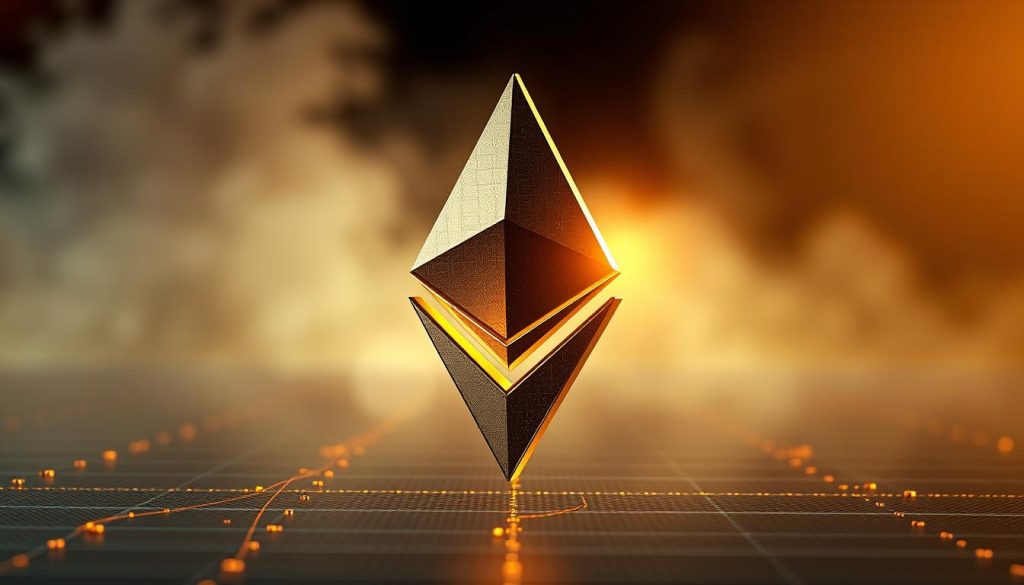 A detailed, three-dimensional depiction of the Ethereum cryptocurrency symbol, rendered in a striking metallic finish. The Ethereum "E" logo is positioned prominently in the foreground, illuminated by warm, golden lighting that casts dramatic shadows and highlights the intricate geometric design. The background features a hazy, atmospheric scene suggesting a futuristic, high-tech environment, with a subtle grid pattern hinting at the underlying blockchain technology. The overall mood is one of technological sophistication, digital innovation, and the transformative potential of Ethereum.