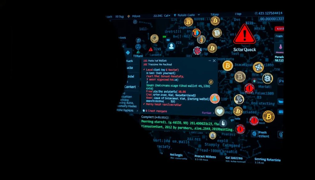 A digital wallet being hacked, with cryptocurrencies being stolen and scattered across the screen. In the foreground, a shadowy figure in a hoodie represents the malicious hacker. The middle ground shows the wallet interface glitching and crashing, as the user frantically tries to regain control. In the background, a chaotic array of blockchain data, transaction histories, and warning symbols convey the sense of compromised security and lost assets. Dim lighting and a somber color palette evoke the seriousness of the situation. The overall scene captures the moment of a cryptocurrency breach, the user's distress, and the need for robust security measures.
