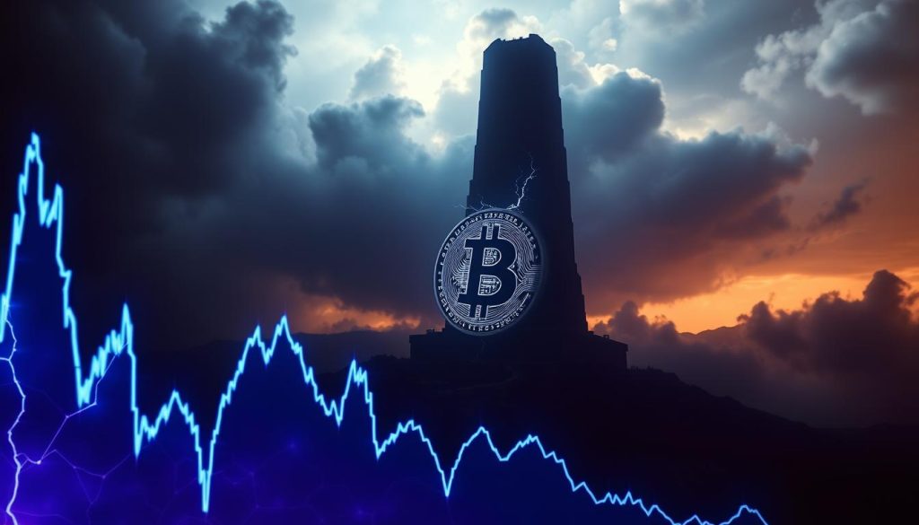 A dramatic, high-contrast image depicting the volatility of Bitcoin. In the foreground, a jagged, spiking graph line represents the cryptocurrency's erratic price movements, rendered in shades of blue and purple. The middle ground features a towering, shadowy Bitcoin symbol, its edges crackling with electric energy, conveying the power and unpredictability of the digital asset. The background is a moody, atmospheric landscape of swirling clouds and dramatic lighting, suggesting the unpredictable nature of the Bitcoin market. The scene is captured with a cinematic, wide-angle lens, creating a sense of scale and drama. The overall mood is one of tension, uncertainty, and the thrill of high-stakes trading.