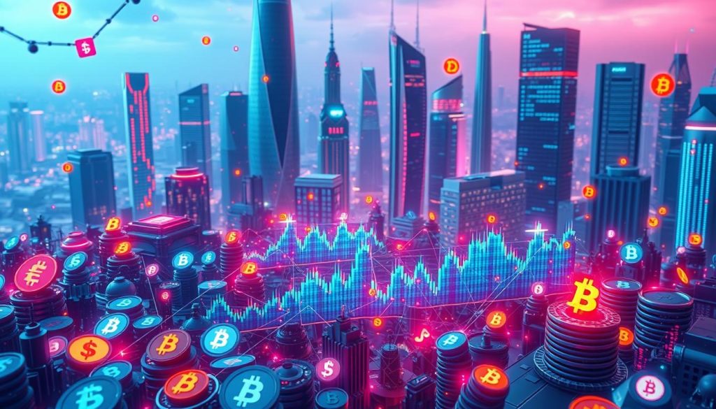 A dynamic and vibrant cryptocurrency market with a futuristic, tech-driven atmosphere. In the foreground, a diverse array of digital currency symbols and icons, glowing and pulsating with energy. In the middle ground, a 3D grid of fluctuating price charts and candlestick patterns, reflecting the volatile and ever-changing nature of the crypto landscape. In the background, a sleek, modern cityscape with towering skyscrapers and holographic displays, hinting at the integration of cryptocurrency technology into the fabric of the urban environment. The scene is bathed in a cool, neon-tinged lighting, creating a sense of technological sophistication and innovation. The overall mood is one of excitement, innovation, and the boundless potential of the cryptocurrency market.