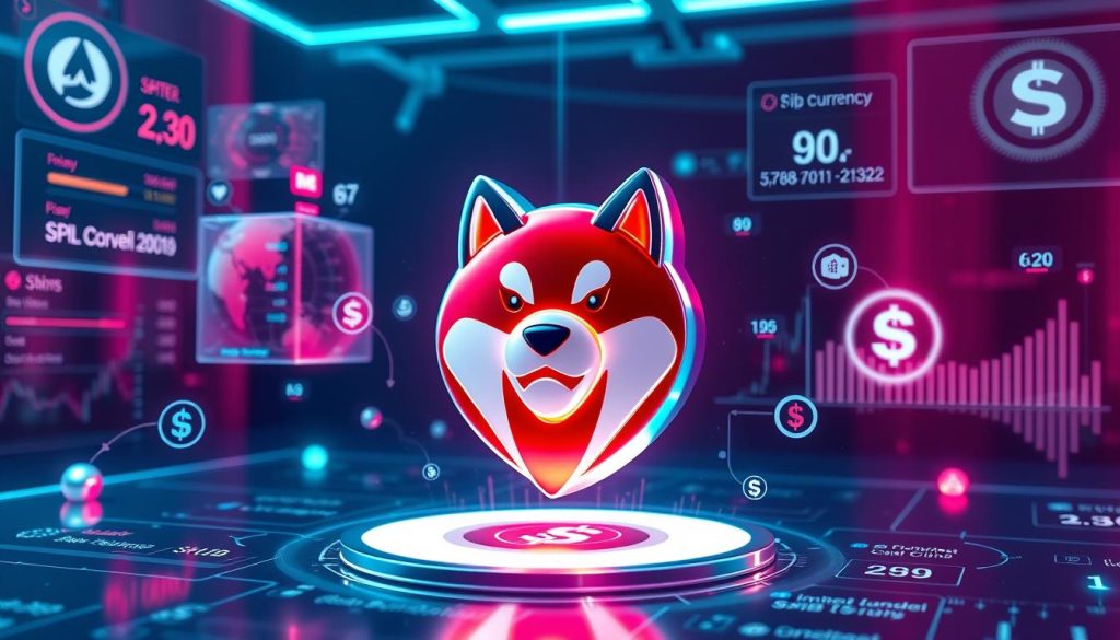 A dynamic, glossy, digitally-rendered image of the Shiba Inu cryptocurrency logo, seamlessly integrating with a futuristic, holographic currency conversion interface. The logo is prominently displayed, with vibrant shades of red and white reflecting off its surface, while dynamic 3D elements and floating data visualizations surround it, showcasing the process of converting SHIB into other digital currencies. The scene is bathed in a cool, neon-tinged lighting, creating a sleek, high-tech atmosphere that conveys the modern, cutting-edge nature of cryptocurrency exchange. The composition is balanced and symmetrical, drawing the viewer's eye to the core subject matter.