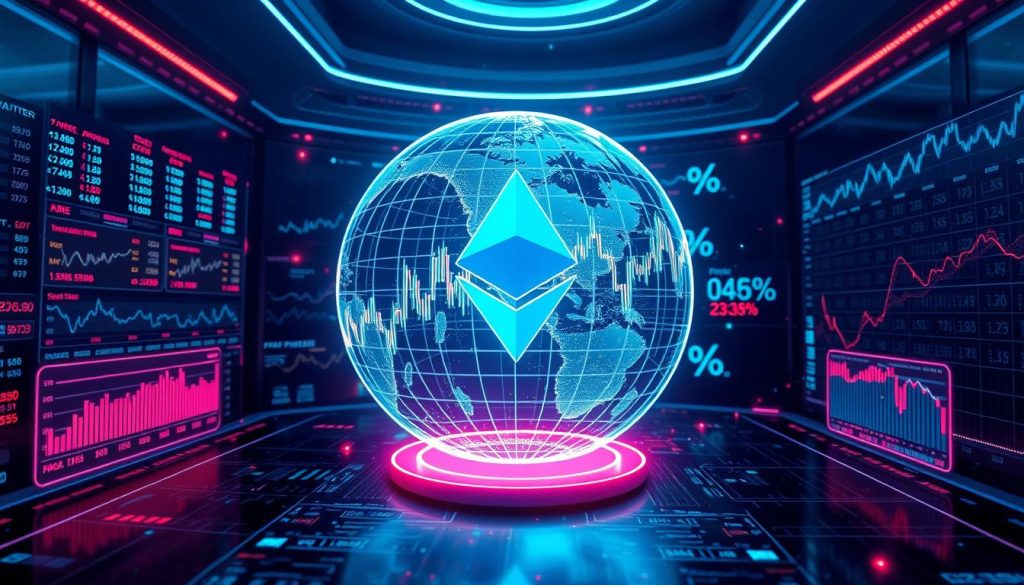 A futuristic, data-driven visualization of Ethereum price forecasts. A holographic, wireframe globe displays fluctuating price charts and projections, surrounded by glowing statistical data panels. The scene is bathed in a cool, neon-tinged lighting, creating an atmosphere of technological sophistication and financial complexity. The perspective shifts dynamically, as if the viewer is exploring a 3D data dashboard. Intricate line graphs, candlestick charts, and algorithmic models hover in the foreground, presenting a comprehensive, analytical view of the Ethereum market's future trajectory.