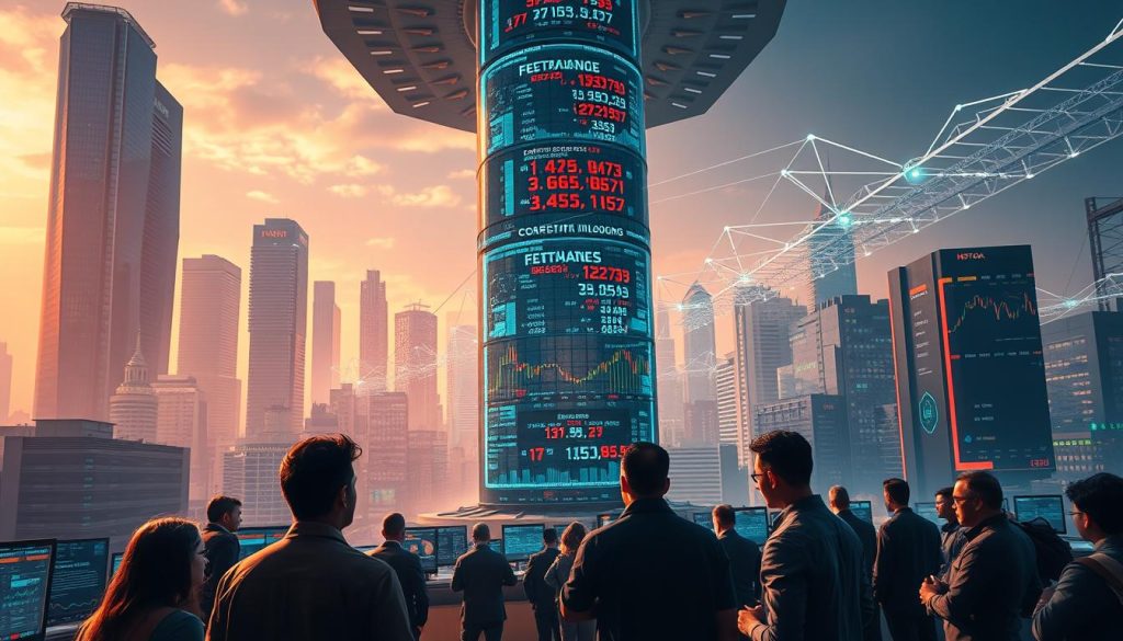 A high-contrast cityscape of a bustling cryptocurrency exchange, with a towering glass-and-steel trading floor at the center. The room is filled with an array of holographic displays, showing real-time market data and liquidity indicators. In the foreground, a group of traders and analysts intently monitor the fluctuating prices, their expressions a mix of concentration and anticipation. The background depicts the city skyline, with sleek, modern buildings and a network of digital infrastructure connecting the exchange to the global financial system. The lighting is a blend of warm, natural tones and cool, neon-like accents, creating an atmosphere of technological sophistication and economic dynamism.