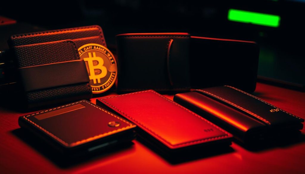 A high-contrast image depicting several cryptocurrency wallets arranged on a desk or table, illuminated by warm, directional lighting. The wallets are made of various materials - metal, leather, and hard plastic - and have a sleek, modern design. The image conveys a sense of security, organization, and financial professionalism. The background is slightly blurred, drawing the viewer's attention to the wallets as the focal point. The overall composition is balanced and visually appealing, reflecting the advantages and disadvantages of using exchange-based wallets for cryptocurrency storage and management.