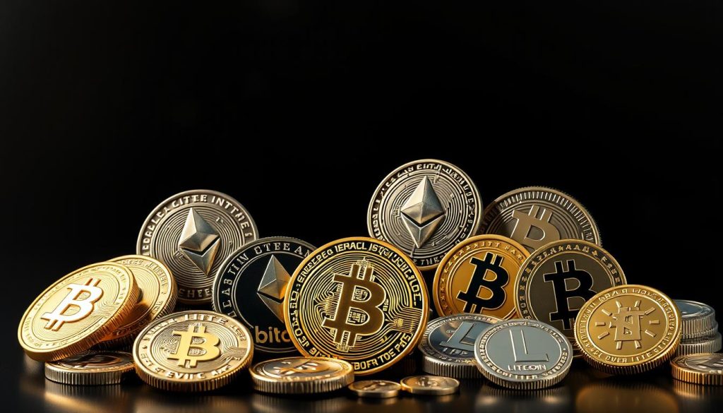 A high-resolution, detailed illustration of cryptocurrency tokens and symbols, including Bitcoin, Ethereum, Litecoin, and other popular digital assets. The image has a clean, modern aesthetic with a dark, minimalist background, emphasizing the various cryptocurrencies in the foreground. The cryptocurrencies are depicted as three-dimensional, metallic objects, with intricate designs and textures, conveying their digital and innovative nature. The composition is well-balanced, with the cryptocurrencies arranged in a visually appealing layout, drawing the viewer's attention to the key elements. The lighting is soft and directional, creating depth and shadows that add to the overall sophistication of the image.