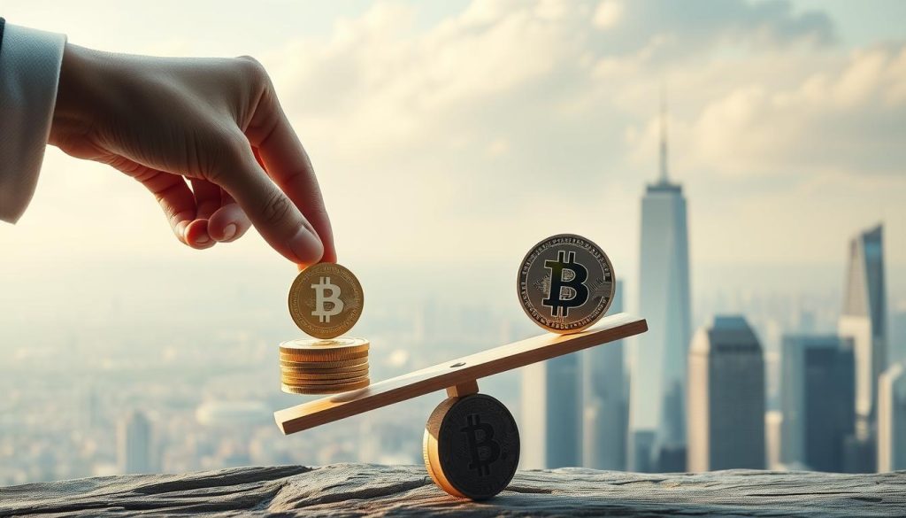 A high-resolution image depicting minimizing risks in cryptocurrency investing. The foreground shows a hand carefully balancing a single cryptocurrency coin on a see-saw, symbolizing the delicate balance between risk and reward. The middle ground features a cityscape of skyscrapers in the background, representing the complex and volatile crypto market. The lighting is soft and diffused, creating a contemplative atmosphere. The angle is slightly elevated, giving a birds-eye view of the scene. The overall composition conveys the thoughtful, analytical approach needed to navigate the risks of cryptocurrency investment.