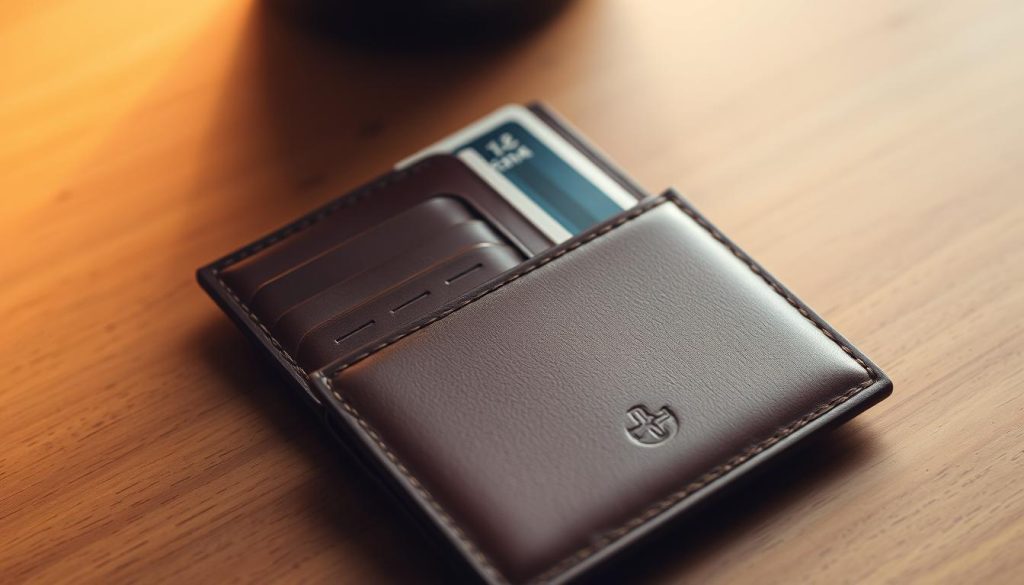 A leather wallet lying on a wooden table, illuminated by soft, warm lighting. The wallet is opened, revealing various card slots and a clear section for holding bills. The wallet is minimalist in design, with a subtle embossed logo on the front. The table surface is smooth and polished, providing a clean, uncluttered background. The overall scene conveys a sense of organization, practicality, and attention to detail, reflecting the importance of choosing the right wallet to store one's digital assets securely.
