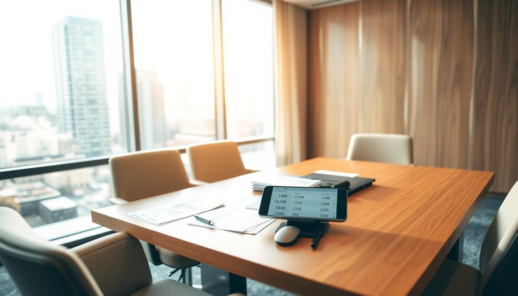 A modern, well-lit office interior with a wooden desk and comfortable chairs. On the desk, various bank documents, a laptop, and a smartphone display interest rates and banking options. In the background, a large window overlooks a cityscape, suggesting an urban financial center. The lighting is warm and inviting, creating a professional yet approachable atmosphere. The overall scene conveys a sense of careful consideration and financial decision-making, reflecting the process of choosing a favorable bank deposit in Ukraine.