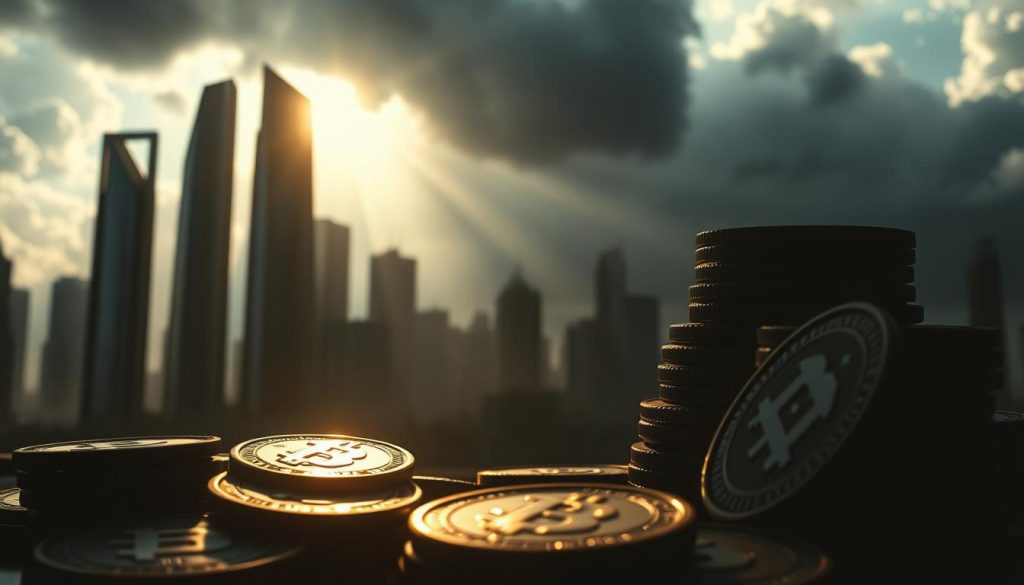 A moody, introspective scene depicting the complex and volatile world of cryptocurrencies. In the foreground, a stack of digital currency tokens cast in shadowy silhouettes, their faceted surfaces catching the low, warm light. The middle ground features a futuristic cityscape, towering skyscrapers made of sleek glass and steel, their reflections distorted and fragmented, symbolizing the unpredictable nature of the crypto market. In the background, a stormy sky roils with clouds, rays of sunlight breaking through to illuminate the scene with an ominous, ominous glow. The overall atmosphere is one of uncertainty and risk, reflecting the inherent challenges and hazards of investing in this emerging digital asset class.