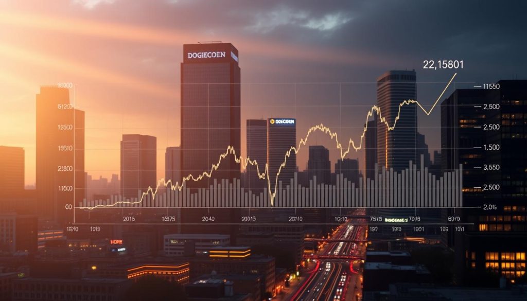 A realistic forecast chart depicting the current and projected Dogecoin cryptocurrency price, set against a cityscape backdrop with modern high-rise buildings and a vibrant, neon-lit financial district. The chart is presented in a clean, data-driven style, with sharp graphs and concise labels. The lighting is dramatic, casting long shadows and highlighting the dynamic, ever-changing nature of the crypto market. The overall mood is one of analytical focus, hinting at the complex economic factors that influence Dogecoin's valuation.