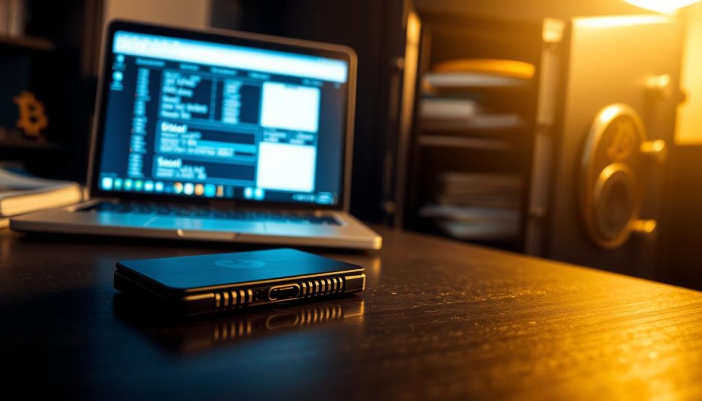 A secure, well-lit bitcoin storage solution. In the foreground, a sleek hardware wallet sits atop a dark wooden surface, casting a subtle shadow. The middle ground features a softly glowing laptop screen displaying bitcoin transaction details, while the background depicts a high-security safe, its door slightly ajar to reveal the organized storage of physical bitcoin keys and seed phrases. The lighting is warm and inviting, conveying a sense of safety and control over one's digital assets. The overall composition suggests a balanced, thoughtful approach to bitcoin custody, ready to be showcased in an informative article on secure cryptocurrency management.