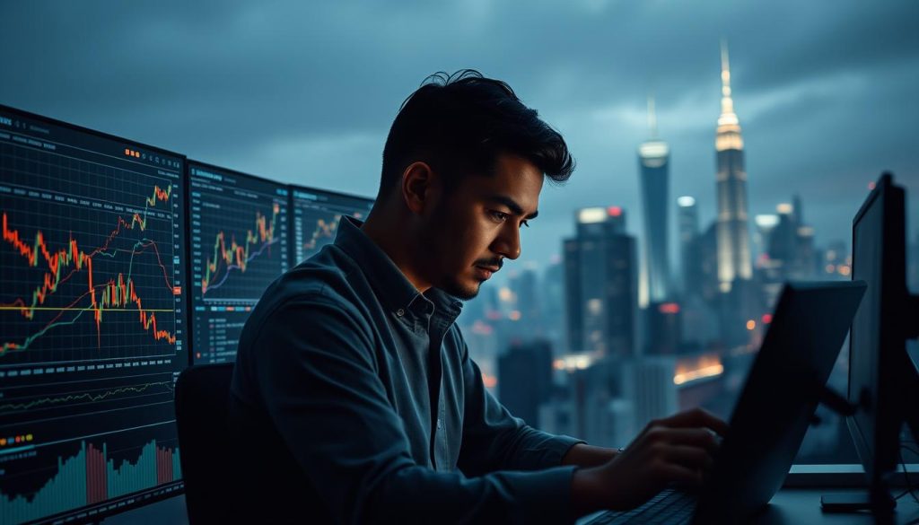 A serene and contemplative landscape with a lone trader deeply immersed in the intricacies of cryptocurrency charts, charts that flicker and dance across multiple screens before them. The trader's face is a mask of intense focus, their fingers moving with practiced precision as they navigate the volatile and unpredictable digital markets. The atmosphere is one of quiet determination, with muted lighting casting dramatic shadows and highlighting the trader's unwavering concentration. In the background, a cityscape of towering skyscrapers and glowing digital interfaces suggests the vast scale and complexity of the cryptocurrency ecosystem. The overall scene conveys the psychological demands of cryptocurrency trading, where discipline, insight, and emotional control are paramount.