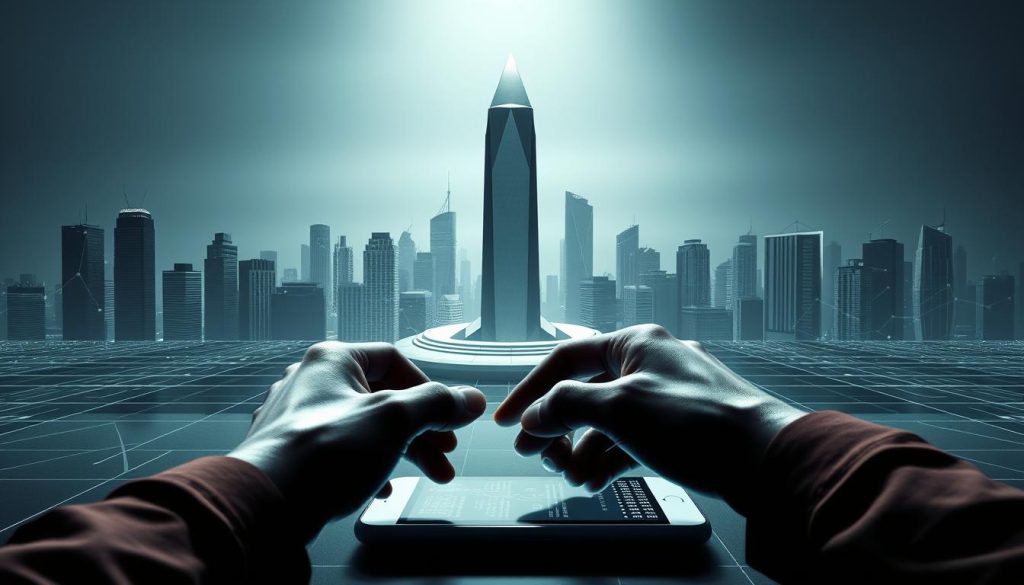 A serene and secure blockchain-inspired landscape. In the foreground, a user's hands delicately execute a cryptocurrency transaction on a sleek, minimalist digital wallet interface. The middle ground features a towering crypto-symbol, its faceted form radiating an aura of safety and protection. In the background, a panoramic view of a futuristic city skyline, its skyscrapers adorned with abstract cryptographic patterns. Muted, high-contrast lighting casts dramatic shadows, conveying a sense of technological sophistication and unwavering data integrity. The overall mood is one of confidence, control, and the reassuring reliability of decentralized finance.