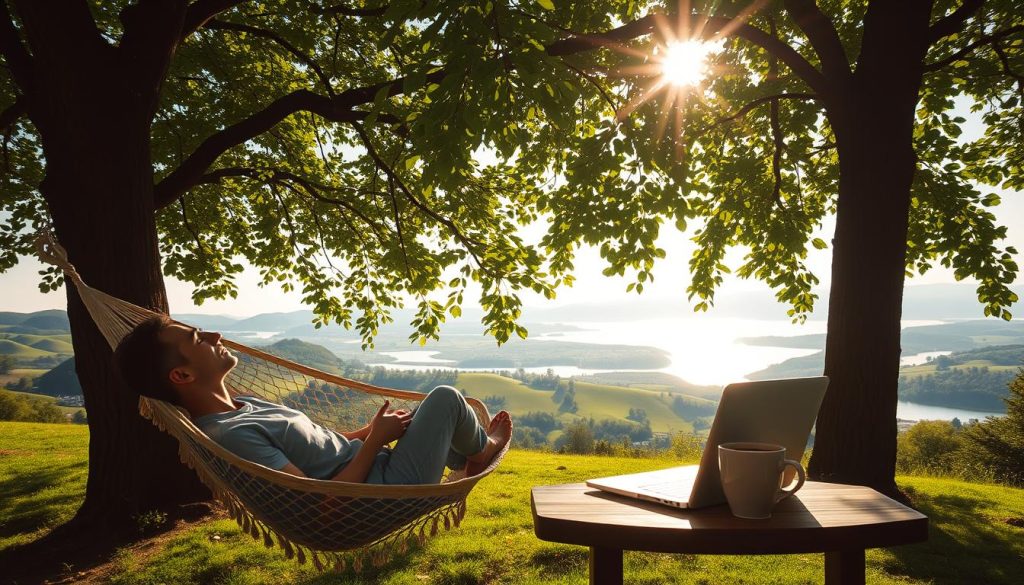 A serene and tranquil scene showcasing the concept of passive income. In the foreground, a person lounging on a hammock beneath a lush, verdant canopy of trees, their eyes closed in peaceful contemplation. The middle ground features a laptop computer and a cup of coffee, symbolizing the ability to earn money effortlessly. In the background, a picturesque landscape with rolling hills, a glistening lake, and a bright, sun-dappled sky, conveying a sense of financial freedom and abundance. The lighting is soft and natural, creating a warm, inviting atmosphere. The composition is balanced and harmonious, capturing the essence of "пассивный доход" - the effortless generation of wealth.