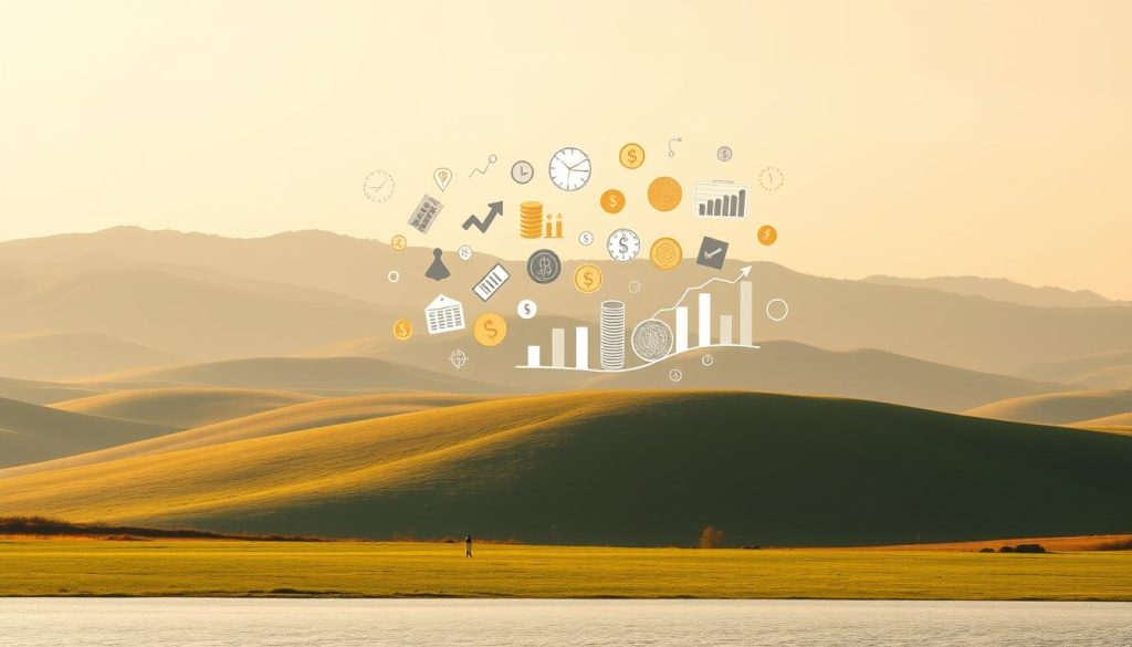 A serene landscape with rolling hills and a calm lake in the foreground. In the middle ground, a group of diverse financial symbols - stocks, bonds, coins, and charts - float gracefully, representing the concept of "averaging" or "balancing" investments. The background is bathed in soft, golden light, conveying a sense of stability and financial security. The overall composition is clean, minimalist, and visually striking, capturing the essence of the "усреднение" investment strategy in a compelling and accessible way.