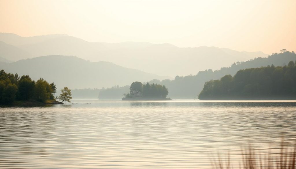 A serene, minimalist landscape depicting the concept of "passive income" in Ukraine. In the foreground, a tranquil lake with a gently rippling surface, reflecting the surrounding hills and trees. In the middle ground, a small, cozy cottage nestled among lush greenery, symbolizing financial security and stability. The background is dominated by rolling hills and a soft, hazy sky, conveying a sense of tranquility and relaxation. The scene is illuminated by warm, diffused lighting, creating a calming, dreamlike atmosphere. The overall composition evokes a feeling of peaceful contentment, free from the hustle and bustle of everyday life, capturing the essence of the "myths about passive income in Ukraine" section.