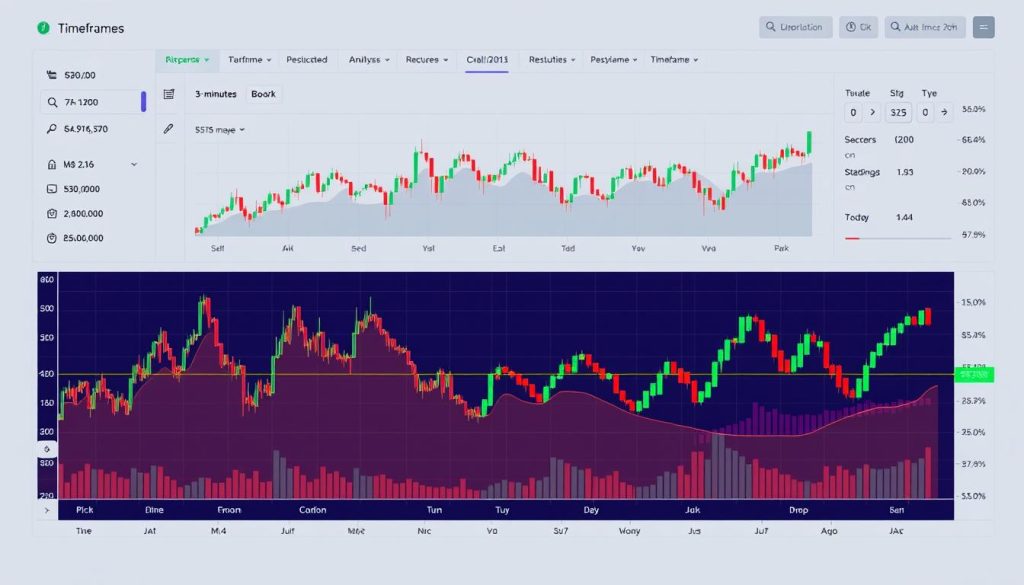 A technical analysis chart showcasing various cryptocurrency timeframes. In the foreground, a detailed line graph displays price fluctuations across multiple time periods, from 1-minute to weekly. The middle ground features a selection of candlestick charts, each with distinct color schemes and patterns, highlighting the differences in data visualization across timeframes. In the background, a sleek, minimalist UI elements, such as dropdown menus and toggles, allow the user to navigate and customize the timeframe analysis. The overall scene conveys a sense of data-driven decision making, with a focus on the nuanced insights that can be gleaned from examining crypto markets across diverse temporal scales.