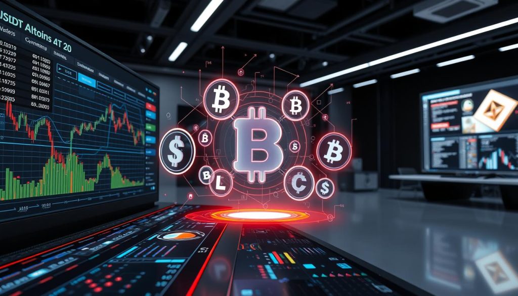 A technologically advanced scene depicting an in-depth technical analysis of promising altcoins. The foreground features a futuristic digital dashboard with real-time market data, charts, and technical indicators. The middle ground shows a 3D holographic projection of various altcoin logos, with lines and data visualizations floating around them. The background is a sleek, minimalist workspace with large screens displaying algorithmic trading strategies and cryptocurrency news. The overall atmosphere is one of precision, innovation, and data-driven decision making, conveying the sophisticated nature of altcoin technical analysis.