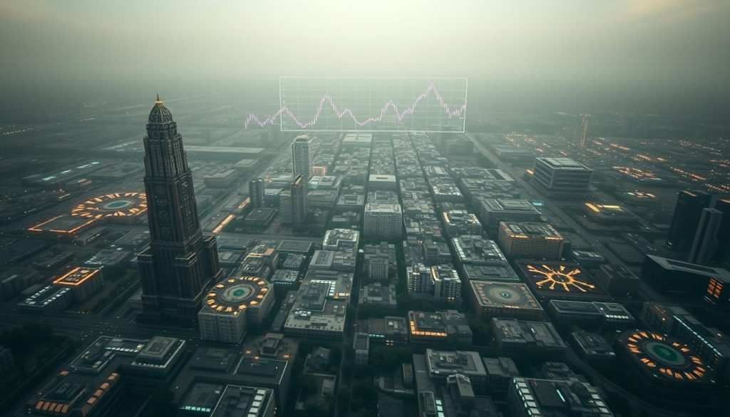 A vast, expansive cryptocurrency market landscape, captured through a wide-angle lens. In the foreground, a towering data visualization depicting the market capitalization of various digital currencies, with their sizes proportional to their respective valuations. The middle ground showcases a dynamic, ever-changing graph charting the fluctuations of the cryptocurrency market, reflecting its volatile and unpredictable nature. The background is bathed in a soft, muted lighting, conveying a sense of contemplation and analysis, as the viewer is drawn into the intricate workings of this digital financial ecosystem.