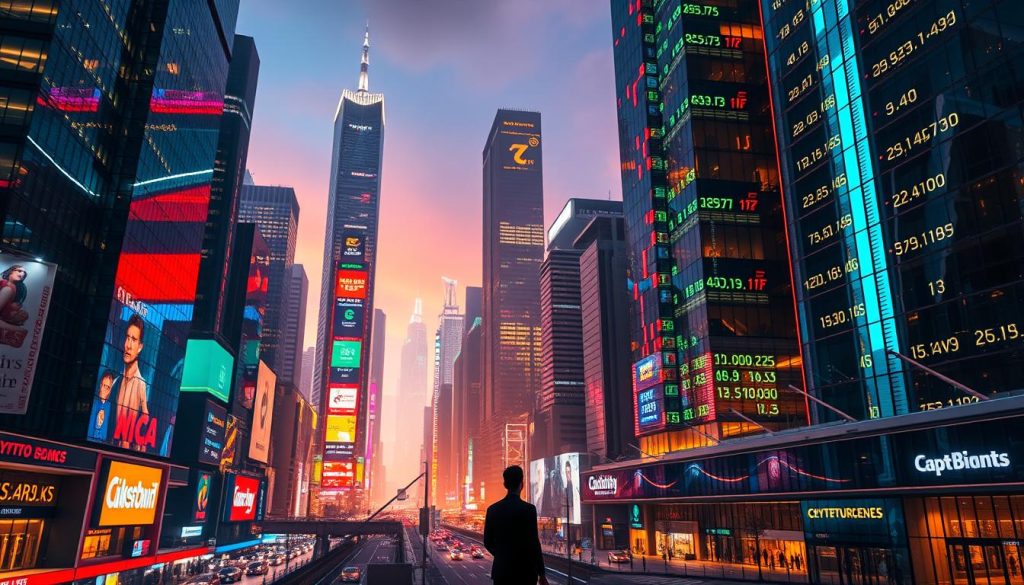 A vibrant cityscape filled with towering skyscrapers, their sleek glass facades reflecting the neon-lit night sky. In the foreground, a figure stands, gazing up at the dazzling digital displays showcasing the ever-fluctuating values of various cryptocurrencies. The lighting is dramatic, with a warm glow emanating from the buildings, casting long shadows across the bustling streets below. In the distance, a futuristic skyline hints at the endless possibilities and risks inherent in the world of cryptocurrency investment. The scene conveys a sense of both excitement and trepidation, capturing the essence of the rewards and challenges of navigating the volatile and rapidly evolving crypto landscape.