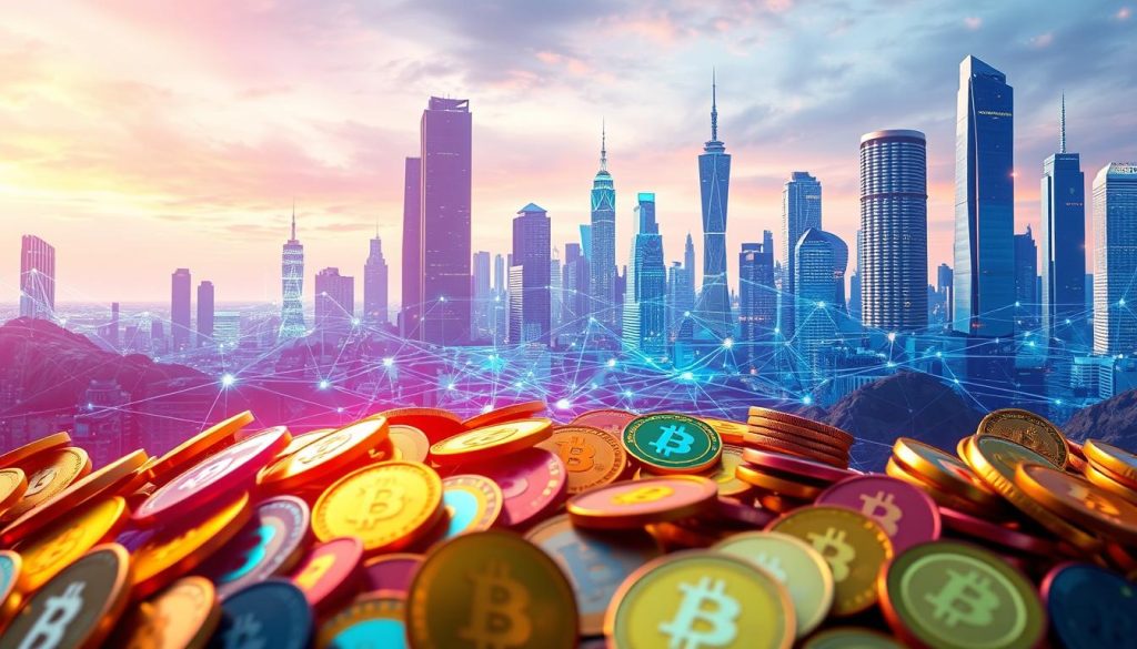 A vibrant digital landscape showcasing the diversity of cryptocurrencies. In the foreground, a cluster of digital coins in a variety of shapes and colors, illuminated by a soft, warm light. In the middle ground, a stylized blockchain network of interconnected nodes and transactions, pulsing with energy. The background features a futuristic cityscape, with towering skyscrapers and holographic displays, reflecting the cutting-edge technology behind the world of cryptocurrency. The overall atmosphere conveys a sense of innovation, potential, and the transformative power of this emerging financial paradigm.
