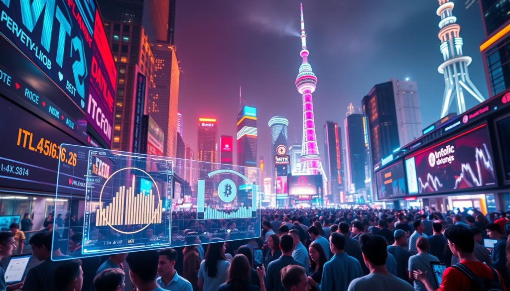 A vibrant, dynamic cryptocurrency market scene. In the foreground, a virtual IEO (Initial Exchange Offering) transaction unfolds, with sleek, holographic interfaces and glowing data visualizations. The middle ground features a bustling crowd of traders and investors, their faces lit by the glow of digital screens. In the background, a towering, futuristic cityscape of gleaming skyscrapers and neon-lit towers, symbolic of the rapid growth and innovation of the crypto industry. The lighting is a balance of warm and cool tones, creating a sense of energy and excitement. The overall atmosphere conveys the thrilling, fast-paced nature of the IEO market, a promising alternative to traditional ICO and STO models.