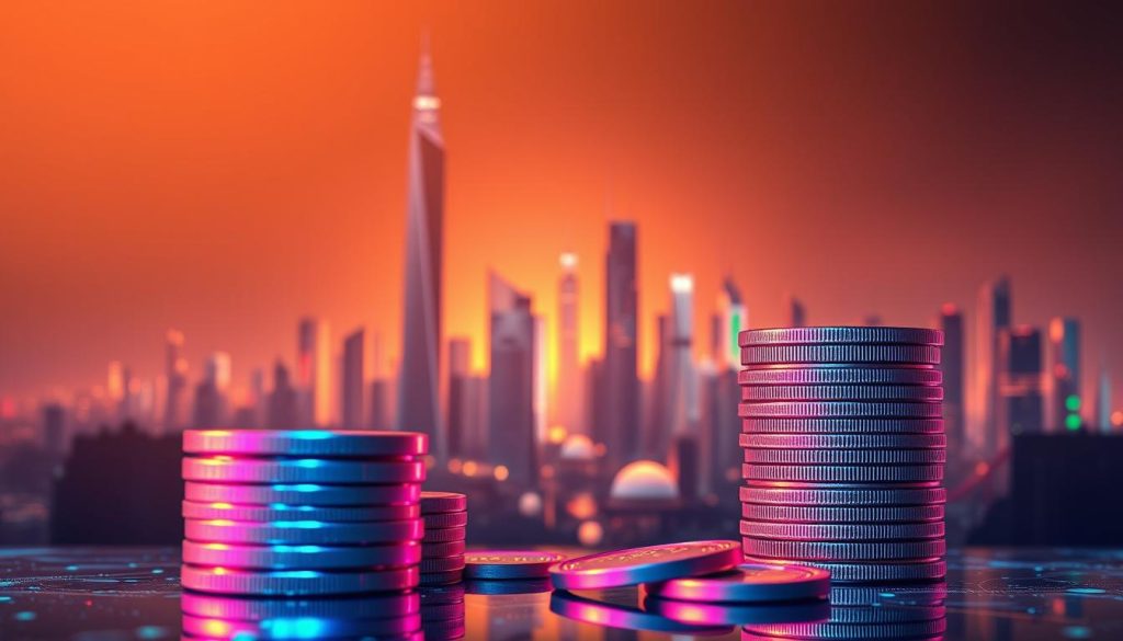 A vibrant financial landscape with a central focus on STO (Security Token Offering) tokens. The foreground showcases a stack of digital tokens, each one shimmering with a unique hue, representing the diverse STO projects. In the middle ground, a sleek, minimalist cityscape unfolds, its towering skyscrapers and futuristic architecture symbolizing the cutting-edge nature of this emerging investment opportunity. The background is bathed in a warm, golden glow, conveying a sense of stability and growth. The overall composition evokes a sense of innovation, opportunity, and the promise of a new era in the world of crypto-finance.