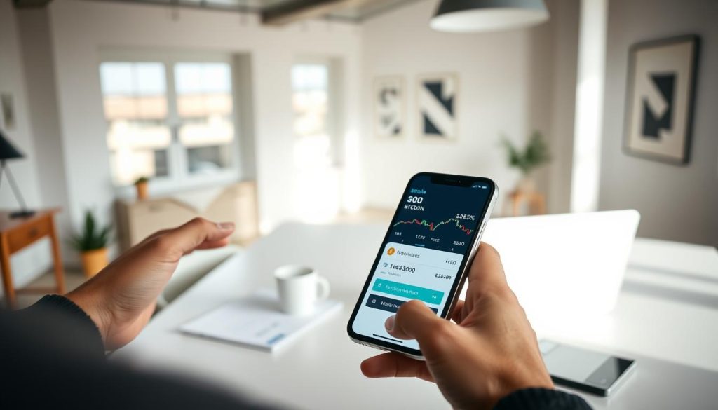 A well-lit, realistic scene of a person confidently making a Bitcoin purchase on a sleek, modern smartphone, set against a clean, minimal backdrop. The foreground features the person's hands and the phone screen, with a cryptocurrency exchange app interface displayed. The middle ground showcases a stylish, minimalist desk or table setup, with a laptop, a coffee mug, and other subtle office accessories. The background is a bright, airy space with large windows, neutral-toned walls, and modern decor, conveying a sense of professionalism and sophistication. Soft, directional lighting creates depth and highlights the key elements, while a shallow depth of field blurs the background, keeping the focus on the central action. The overall mood is one of efficiency, security, and confidence in the Bitcoin purchasing process.