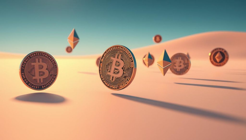 Detailed 3D digital illustration of various cryptocurrency tokens, including Bitcoin, Ethereum, and altcoin symbols, floating in a serene, futuristic landscape. The tokens are depicted with intricate textures, casting soft shadows on the smooth, reflective ground. The scene is illuminated by a warm, diffused lighting, creating a sense of depth and dimensionality. The background features a gently curving horizon, suggesting a vast, open environment. The overall mood is one of tranquility and technological sophistication, reflecting the innovative nature of the cryptocurrency market.