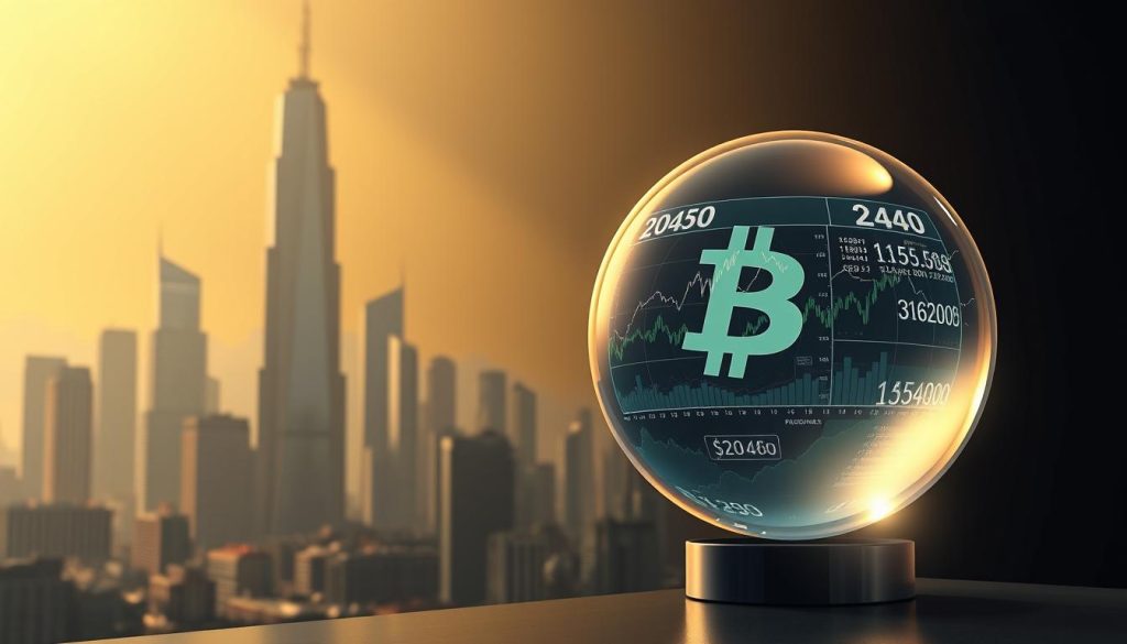 Detailed digital illustration of bitcoin price forecasts for the long-term future, from 2040 to 2050. Realistic 3D render with a clean, minimalist aesthetic. Dramatic lighting and deep shadows create a sense of mystery and uncertainty. The background features a futuristic cityscape with towering skyscrapers and a holographic interface displaying financial data. In the foreground, a floating crystal ball-like sphere projects various Bitcoin price charts and projections. The overall mood is one of contemplation and speculation about the cryptocurrency's long-term prospects.