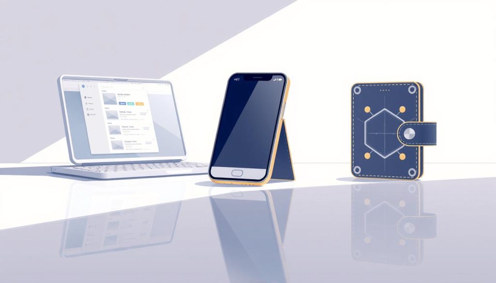 Detailed illustration of cryptocurrency wallets in a clean, minimalist style. Soft lighting illuminates the main subjects - a desktop wallet, a mobile wallet, and a hardware wallet - showcasing their key features and functionality. The wallets are positioned on a reflective surface, creating a sense of depth and stability. The background is a subtle gradient, allowing the wallets to be the focal point. Technical specifications such as security protocols, encryption methods, and transaction processes are hinted at through subtle visual cues, without overcrowding the image. An atmosphere of trust, reliability, and technological sophistication permeates the scene.