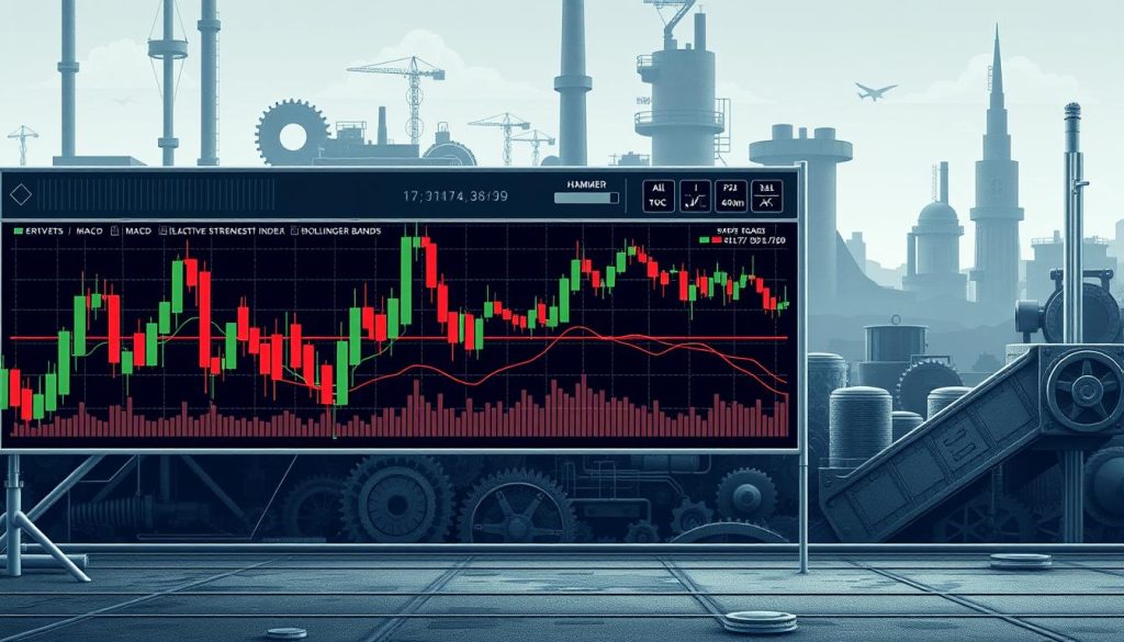 Detailed technical illustration of candlestick patterns and chart analysis for cryptocurrency trading. In the foreground, a series of candlestick formations - bullish engulfing, hammer, and doji - rendered in a precise, technical style. In the middle ground, a comprehensive chart showing common technical indicators like MACD, Relative Strength Index, and Bollinger Bands. The background features a muted, industrial-inspired landscape with gears, cogs, and other mechanical elements to convey the analytical, data-driven nature of cryptocurrency trading. Crisp, high-contrast lighting and a cool color palette evoke a sense of clarity, precision, and professionalism.
