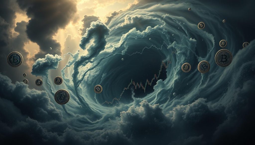 Dramatic volatility on the cryptocurrency market. A swirling vortex of digital currencies, their values surging and plunging chaotically against a moody, storm-tossed backdrop. Shafts of light piercing through roiling clouds, illuminating the turbulent landscape of cryptocurrency trading. Cryptic data visualizations and financial charts flickering in the turbulence, reflecting the high-stakes, high-risk nature of this volatile digital marketplace. An ominous, unsettled atmosphere conveying the uncertainty and risk inherent in the crypto space. Dramatic volatility on the cryptocurrency market. A swirling vortex of digital currencies, their values surging and plunging chaotically against a moody, storm-tossed backdrop. Shafts of light piercing through roiling clouds, illuminating the turbulent landscape of cryptocurrency trading. Cryptic data visualizations and financial charts flickering in the turbulence, reflecting the high-stakes, high-risk nature of this volatile digital marketplace. An ominous, unsettled atmosphere conveying the uncertainty and risk inherent in the crypto space.