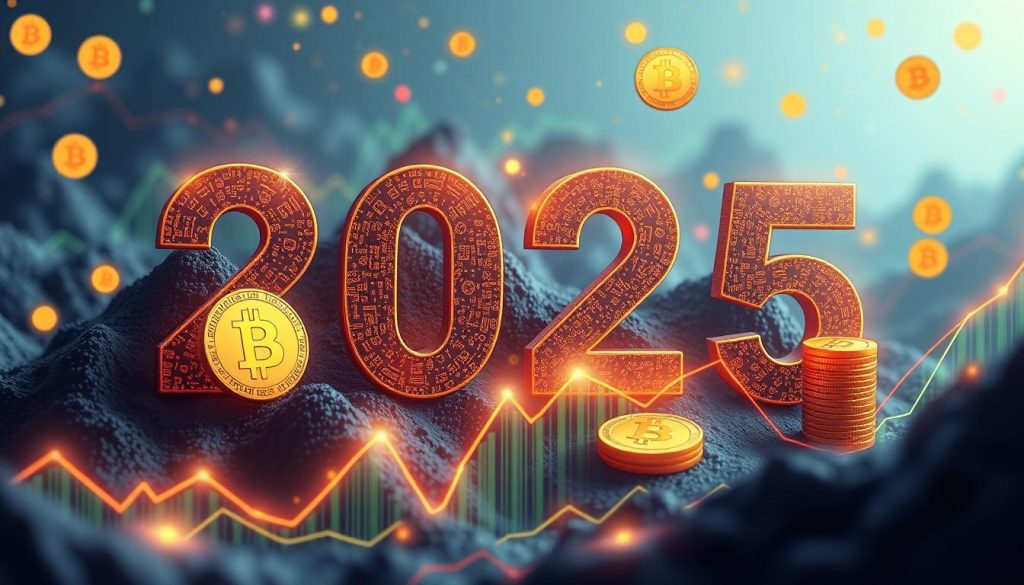 Генерация изображения: Криптовалютный рынок 2025 года с различными стратегиями заработка