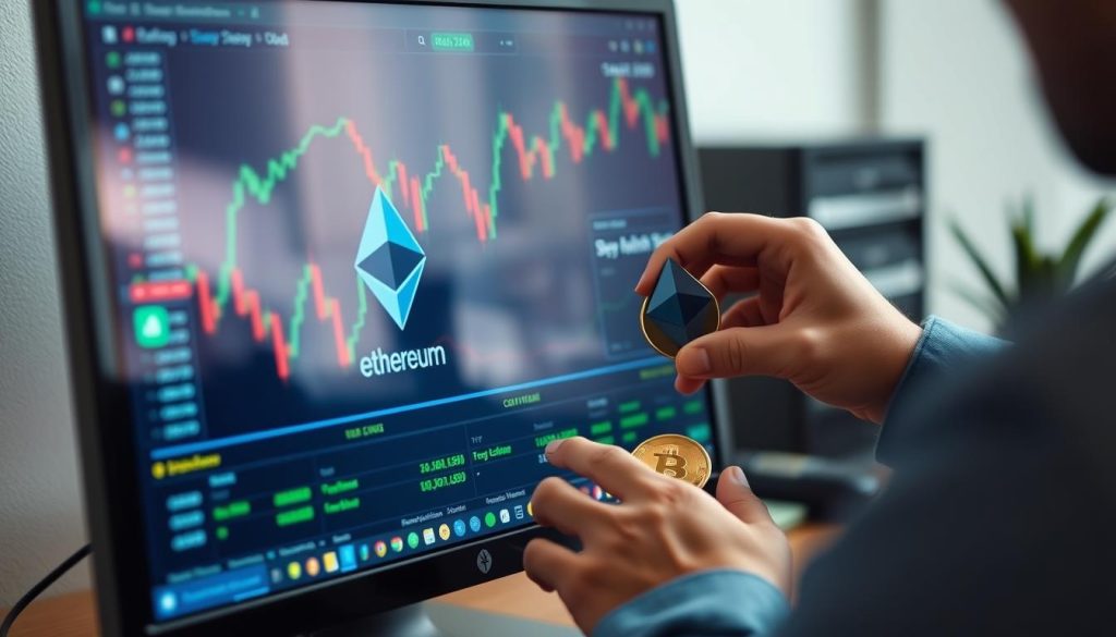 Изображение: человек, покупающий Ethereum на компьютере через надёжную криптовалютную биржу
