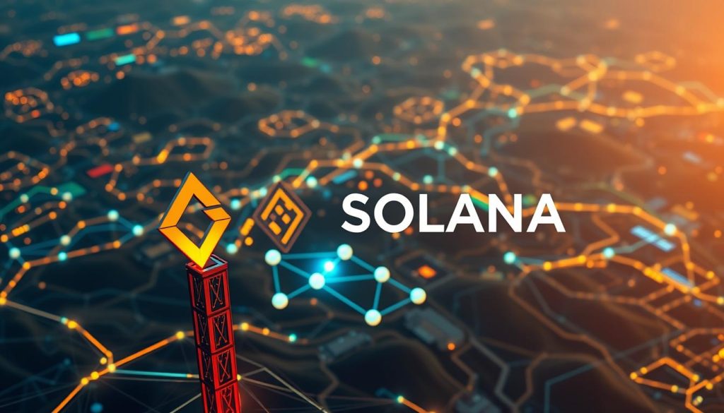Solana blockchain landscape, viewed from a bird's-eye perspective. In the foreground, a sleek and futuristic Solana logo stands prominently, its distinctive shape and vibrant colors catching the eye. The middle ground features a network of interconnected nodes, represented by glowing spheres, illuminating the decentralized nature of the blockchain. In the background, a dynamic and fluid data visualization unfolds, showcasing the real-time transactions and activity on the Solana network. The scene is bathed in a warm, inviting glow, conveying the energy and innovation that Solana embodies. The overall composition evokes a sense of technological advancement, efficiency, and the transformative potential of the Solana blockchain.