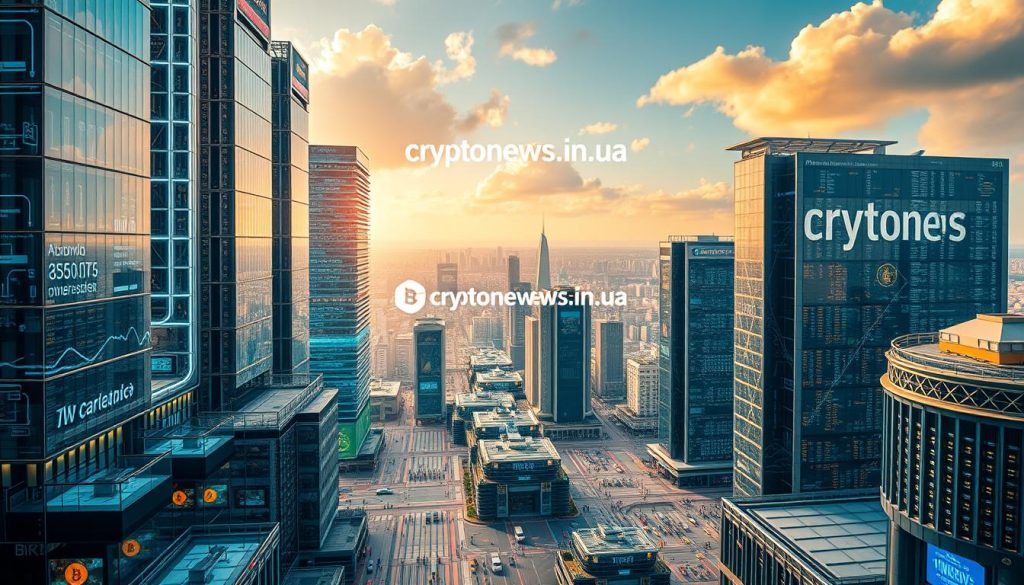 A breathtaking cityscape of gleaming cryptocurrency exchanges, adorned with sleek modern architecture and cutting-edge technology. Towering glass-and-steel structures stand tall, their facades reflecting the dynamic flow of digital assets. In the foreground, a bustling trading floor hums with activity, traders monitoring holographic displays and executing lightning-fast transactions. The middle ground reveals a network of interconnected data centers, their server racks humming with the constant processing of blockchain transactions. In the background, a vibrant urban landscape unfolds, punctuated by the distinctive branding of cryptonews.in.ua. The scene is bathed in a warm, futuristic glow, conveying a sense of innovation, efficiency, and the transformative power of the crypto economy. A breathtaking cityscape of gleaming cryptocurrency exchanges, adorned with sleek modern architecture and cutting-edge technology. Towering glass-and-steel structures stand tall, their facades reflecting the dynamic flow of digital assets. In the foreground, a bustling trading floor hums with activity, traders monitoring holographic displays and executing lightning-fast transactions. The middle ground reveals a network of interconnected data centers, their server racks humming with the constant processing of blockchain transactions. In the background, a vibrant urban landscape unfolds, punctuated by the distinctive branding of cryptonews.in.ua. The scene is bathed in a warm, futuristic glow, conveying a sense of innovation, efficiency, and the transformative power of the crypto economy.