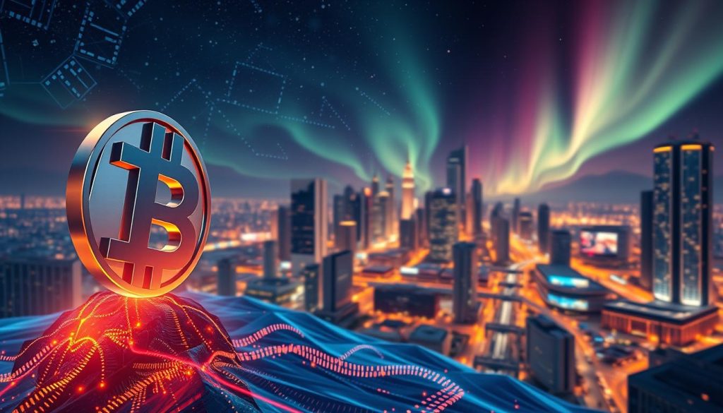 A breathtaking landscape depicting the power and potential of cryptocurrencies. In the foreground, a sleek and futuristic cryptocurrency symbol rises from a sea of digital data, its faceted surfaces gleaming under warm, directional lighting. In the middle ground, a bustling cityscape of towering skyscrapers and advanced infrastructure, symbolizing the integration of cryptocurrencies into the modern financial ecosystem. The background features a stunning night sky, dotted with celestial bodies and a shimmering aurora, hinting at the global, decentralized nature of the crypto market. The overall mood is one of dynamism, innovation, and boundless opportunity. Brand name: cryptonews.in.ua. A breathtaking landscape depicting the power and potential of cryptocurrencies. In the foreground, a sleek and futuristic cryptocurrency symbol rises from a sea of digital data, its faceted surfaces gleaming under warm, directional lighting. In the middle ground, a bustling cityscape of towering skyscrapers and advanced infrastructure, symbolizing the integration of cryptocurrencies into the modern financial ecosystem. The background features a stunning night sky, dotted with celestial bodies and a shimmering aurora, hinting at the global, decentralized nature of the crypto market. The overall mood is one of dynamism, innovation, and boundless opportunity. Brand name: cryptonews.in.ua.