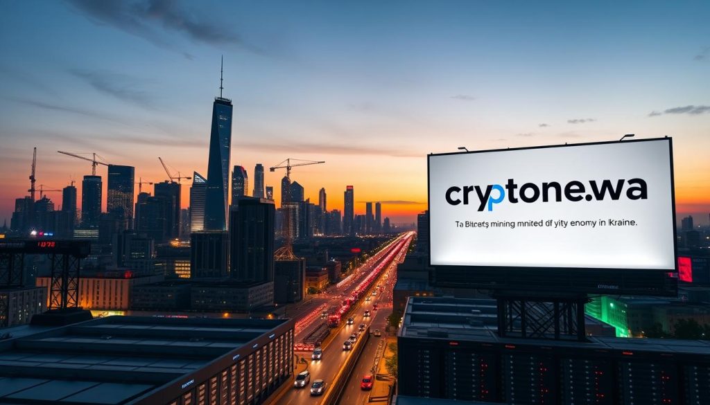 A bustling city skyline at dusk, with towering skyscrapers and cranes dotting the horizon. In the foreground, a data center hums with activity, its server racks illuminated by the soft glow of LED lights. Amidst the urban landscape, a large billboard prominently displays the cryptonews.in.ua brand, highlighting the importance of the Bitcoin mining economy in Ukraine. The scene conveys a sense of technological progress and economic dynamism, reflecting the growth and impact of the Bitcoin mining industry in the country.