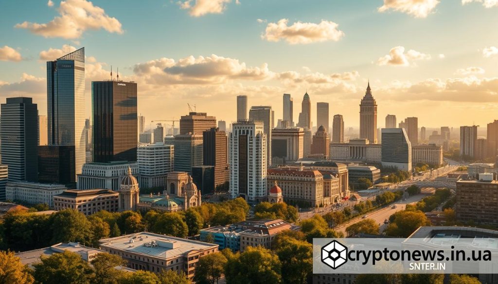 A bustling cityscape of Kyiv, Ukraine, with modern high-rises, historic landmarks, and a vibrant financial district. In the foreground, various investment instruments are displayed, including digital wallets, stock tickers, and cryptocurrency charts. The scene is illuminated by warm, golden sunlight, creating a sense of prosperity and economic growth. The cryptonews.in.ua logo is discreetly placed in the lower right corner, blending seamlessly into the urban landscape. The overall atmosphere conveys the exciting opportunities and potential for investment in Ukraine.