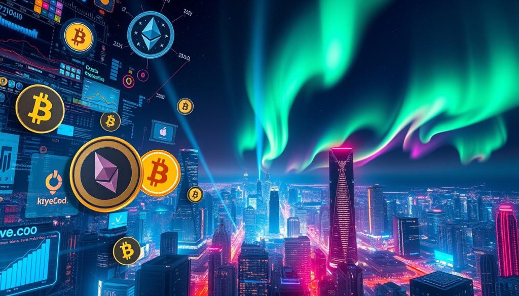 A bustling crypto market with a dynamic, ever-changing landscape. In the foreground, digital currency icons like Bitcoin and Ethereum float amidst a swirling array of data visualizations, charts, and graphs. The middle ground features a futuristic cityscape, its towering skyscrapers adorned with the brand "cryptonews.in.ua". Beams of neon light and holographic displays illuminate the scene, creating an atmosphere of technological innovation and financial innovation. In the background, a vast expanse of dark skies is punctuated by the occasional burst of colorful auroras, symbolizing the unpredictable and volatile nature of the cryptocurrency market.