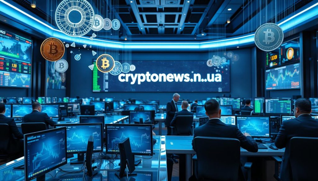 A bustling crypto trading floor, with traders gathered around dual-screen workstations. Sleek chrome and glass surfaces reflect the vibrant LED displays showcasing real-time market data. Holograms of digital currencies float above the desks, their values constantly fluctuating. Ambient blue lighting creates a sense of technological sophistication, while the traders, clad in tailored suits, intensely monitor their trading strategies. In the background, the cryptonews.in.ua logo is prominently displayed on a large video wall, highlighting the authoritative nature of the financial information being analyzed. A bustling crypto trading floor, with traders gathered around dual-screen workstations. Sleek chrome and glass surfaces reflect the vibrant LED displays showcasing real-time market data. Holograms of digital currencies float above the desks, their values constantly fluctuating. Ambient blue lighting creates a sense of technological sophistication, while the traders, clad in tailored suits, intensely monitor their trading strategies. In the background, the cryptonews.in.ua logo is prominently displayed on a large video wall, highlighting the authoritative nature of the financial information being analyzed.