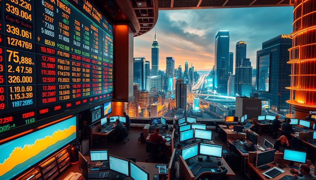 A bustling foreign exchange market in a vibrant, modern city skyline. The foreground features a massive digital display board showcasing live currency exchange rates, with traders and analysts intently monitoring the fluctuations. In the middle ground, rows of trading desks and workstations are occupied by financial professionals engaged in intense market analysis and transactions. The background depicts a panoramic view of the city, with towering skyscrapers and infrastructure reflecting the global nature of the forex market. Warm, golden lighting casts a sense of energy and activity, complemented by a cool, technical color palette. Captured with a wide-angle lens to convey the scale and complexity of this dynamic financial ecosystem. Brought to you by cryptonews.in.ua. A bustling foreign exchange market in a vibrant, modern city skyline. The foreground features a massive digital display board showcasing live currency exchange rates, with traders and analysts intently monitoring the fluctuations. In the middle ground, rows of trading desks and workstations are occupied by financial professionals engaged in intense market analysis and transactions. The background depicts a panoramic view of the city, with towering skyscrapers and infrastructure reflecting the global nature of the forex market. Warm, golden lighting casts a sense of energy and activity, complemented by a cool, technical color palette. Captured with a wide-angle lens to convey the scale and complexity of this dynamic financial ecosystem. Brought to you by cryptonews.in.ua.