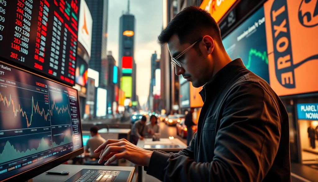 A bustling foreign exchange market, lit by the warm glow of digital displays showcasing the latest currency rates. In the foreground, a trader intently scrutinizes live charts, their fingers dancing across a sleek, futuristic trading platform. The middle ground is alive with the ebb and flow of financial information, with real-time data streams and analytics dashboards providing invaluable insights. In the background, a cityscape of towering skyscrapers and neon-lit streets, reflecting the global nature of the Forex market. The scene conveys a sense of dynamism, precision, and the cutting edge of finance. cryptonews.in.ua A bustling foreign exchange market, lit by the warm glow of digital displays showcasing the latest currency rates. In the foreground, a trader intently scrutinizes live charts, their fingers dancing across a sleek, futuristic trading platform. The middle ground is alive with the ebb and flow of financial information, with real-time data streams and analytics dashboards providing invaluable insights. In the background, a cityscape of towering skyscrapers and neon-lit streets, reflecting the global nature of the Forex market. The scene conveys a sense of dynamism, precision, and the cutting edge of finance. cryptonews.in.ua