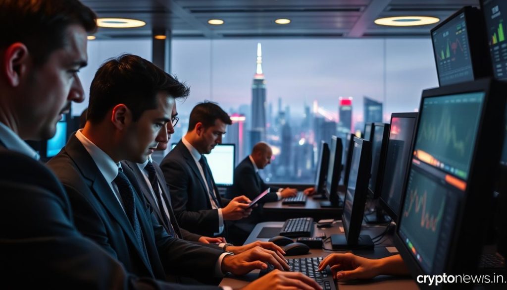 A bustling Forex trading floor, illuminated by the soft glow of computer monitors. In the foreground, currency traders, clad in suits and ties, intently study market data, their expressions intense and focused. In the middle ground, financial analysts pore over charts and graphs, their fingers flying across keyboards. The background is a panoramic view of the city skyline, skyscrapers reaching towards the heavens, symbolizing the vast global scope of the Forex market. Ambient lighting creates a mood of professionalism and sophistication. Cryptonews.in.ua A bustling Forex trading floor, illuminated by the soft glow of computer monitors. In the foreground, currency traders, clad in suits and ties, intently study market data, their expressions intense and focused. In the middle ground, financial analysts pore over charts and graphs, their fingers flying across keyboards. The background is a panoramic view of the city skyline, skyscrapers reaching towards the heavens, symbolizing the vast global scope of the Forex market. Ambient lighting creates a mood of professionalism and sophistication. Cryptonews.in.ua